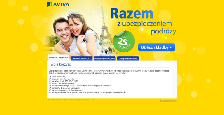 Landing page ubezpieczenia podróży dla Aviva